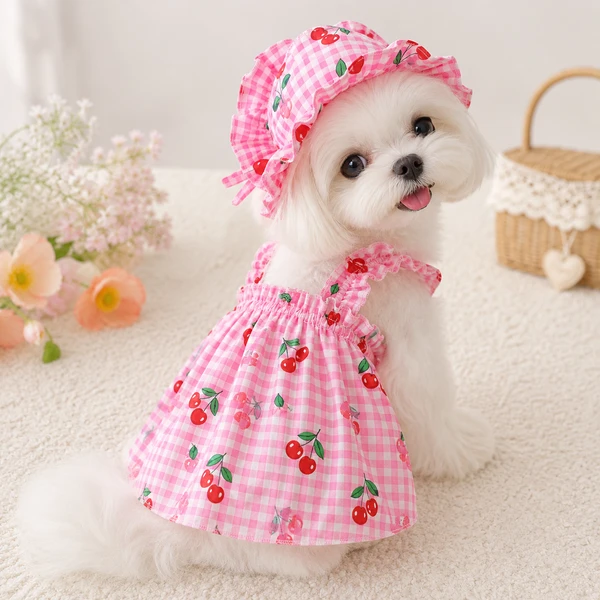Cherry Print Pet Dress & Matching Sun Hat Set – Pink Plaid Summer Outfit for Small Dogs & Cats (Size XL)