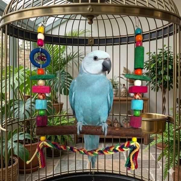 Natural Wood Parrot Swing Toy with Cotton Braid & Bells -35x26 CM | Hanging Bird Activity Center for Jardines, Galah Cockatoo, Quakers, Caiques, Senegal Parrots, Pionus, Cockatiels & Sun Conure