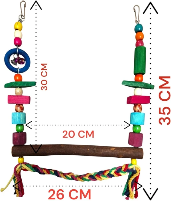 Natural Wood Parrot Swing Toy with Cotton Braid & Bells -35x26 CM | Hanging Bird Activity Center for Jardines, Galah Cockatoo, Quakers, Caiques, Senegal Parrots, Pionus, Cockatiels & Sun Conure