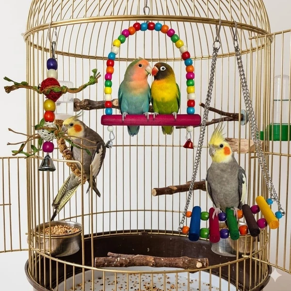 3pcs Bird Toy Accessories (Bird Cage Swing, Swing with Chain, and Bamboo Toy) for Cockatiels, Budgies, Conures, Canary, Parrotlet, Zebra Finches and Lovebirds