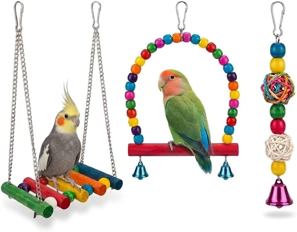 3pcs Bird Toy Accessories (Bird Cage Swing, Swing with Chain, and Bamboo Toy) for Cockatiels, Budgies, Conures, Canary, Parrotlet, Zebra Finches and Lovebirds