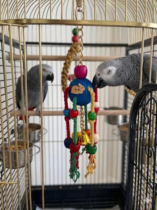 Hanging Bird Toy, Colorful Wooden Ball with Cotton Rope Dangling from it Containing Colorful Wooden Beads and Bell, 25 cm High
