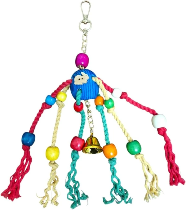 Hanging Bird Toy, Colorful Wooden Ball with Cotton Rope Dangling from it Containing Colorful Wooden Beads and Bell, 25 cm High