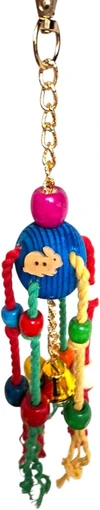Hanging Bird Toy, Colorful Wooden Ball with Cotton Rope Dangling from it Containing Colorful Wooden Beads and Bell, 25 cm High