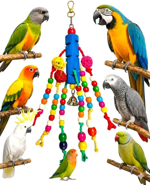 Large Parrot Chew Toy (35cm) - Safe Natural Wood, Cotton Rope & Rattan Balls with Bell - Anti-Boredom Bird Cage Enrichment for African Grey, Macaw, Amazon & Cockatoos