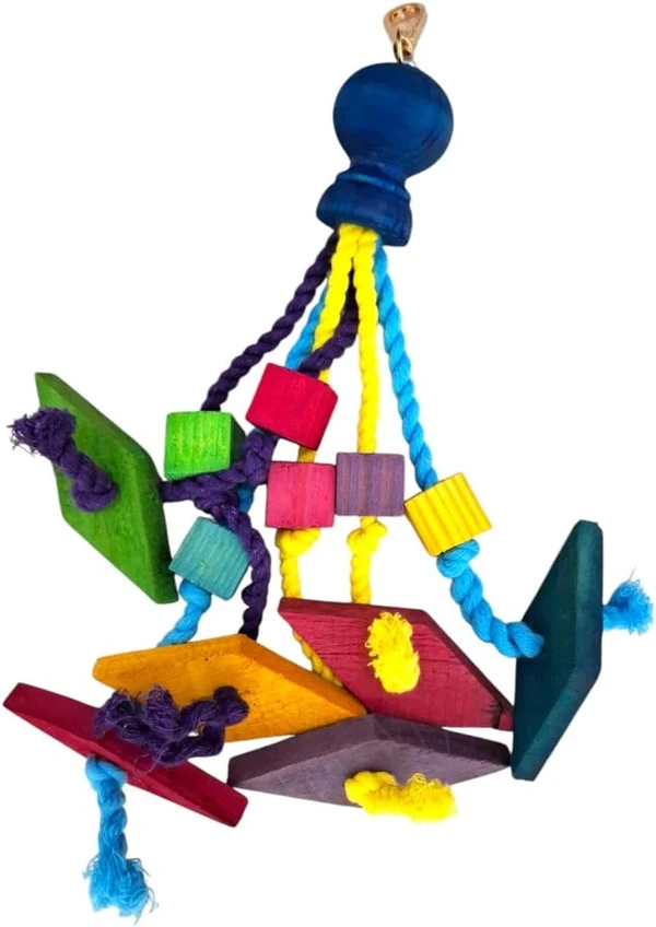 Hanging Bird Toy Made of Colorful Wooden Shapes, Chewable with Cotton Strings Height 25 cm - Width 8 cm