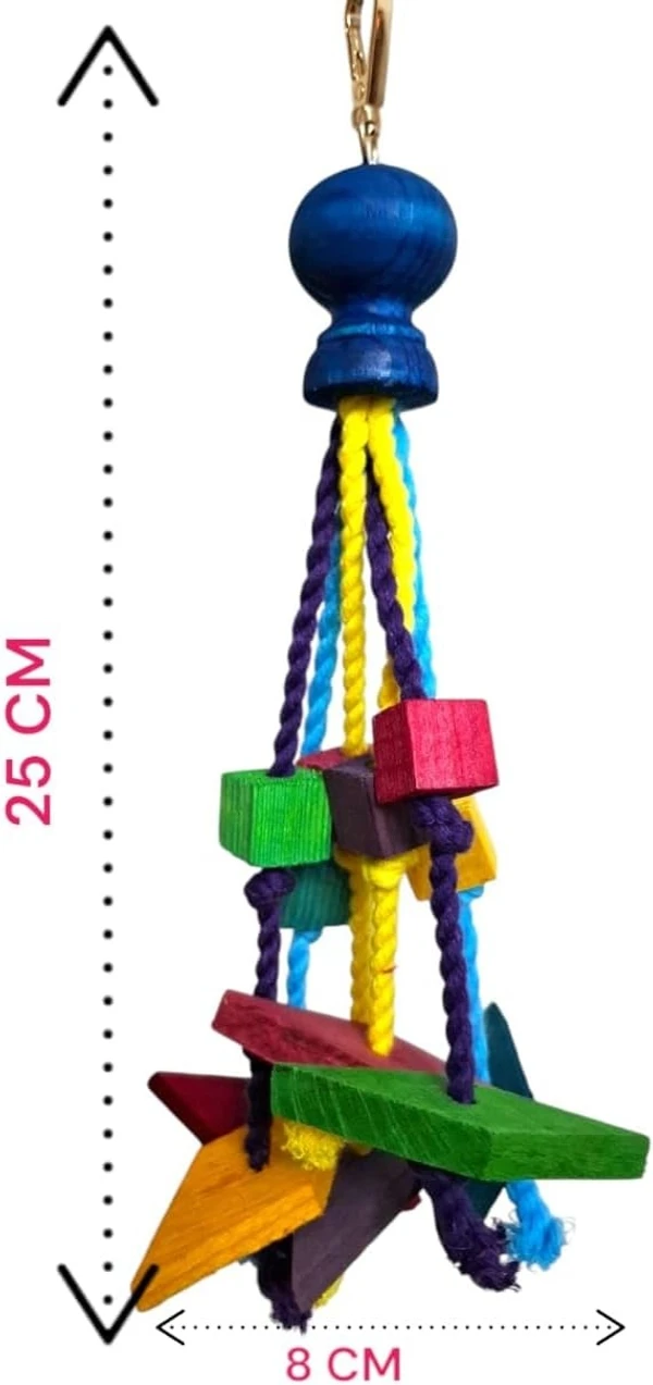 Hanging Bird Toy Made of Colorful Wooden Shapes, Chewable with Cotton Strings Height 25 cm - Width 8 cm