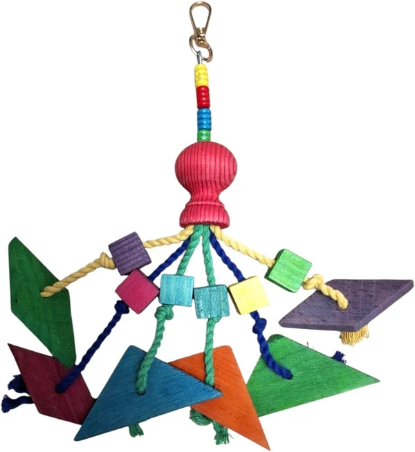 Hanging Bird Toy Made of Colorful Wooden Shapes, Chewable with Cotton Strings Height 25 cm - Width 8 cm