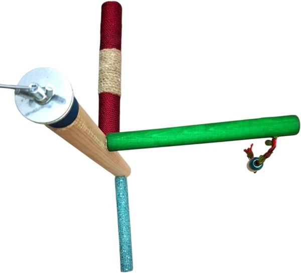 Natural Wood Multi-Branch 35 cm Height (Bird Perch Stand L 20 cm, Natural Hemp Perch L 20 cm, Parrot Stand Paw Grinding Stick L15 cm) for Cockatiels, Conures, Parakeets, Lovebirds & Finches