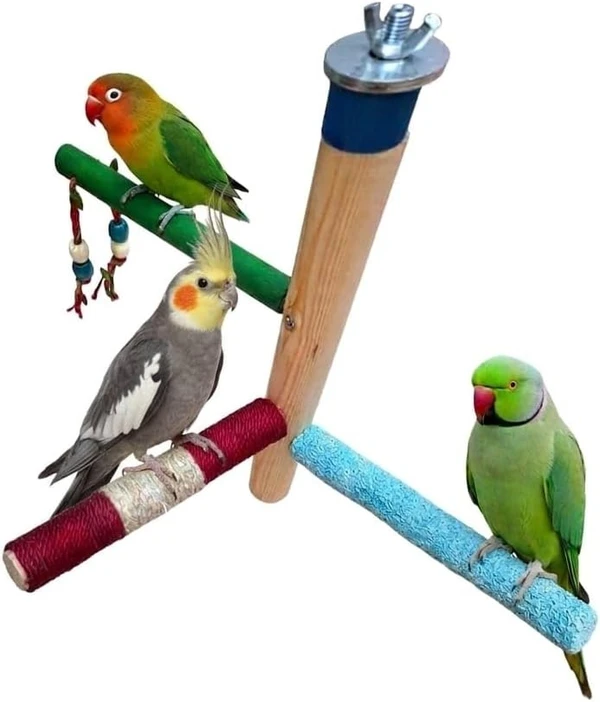 Natural Wood Multi-Branch 35 cm Height (Bird Perch Stand L 20 cm, Natural Hemp Perch L 20 cm, Parrot Stand Paw Grinding Stick L15 cm) for Cockatiels, Conures, Parakeets, Lovebirds & Finches