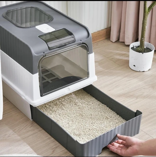 Large Capacity Enclosed Cat Litter Box with Push Pull Drawer Design & Shovel (Grey)