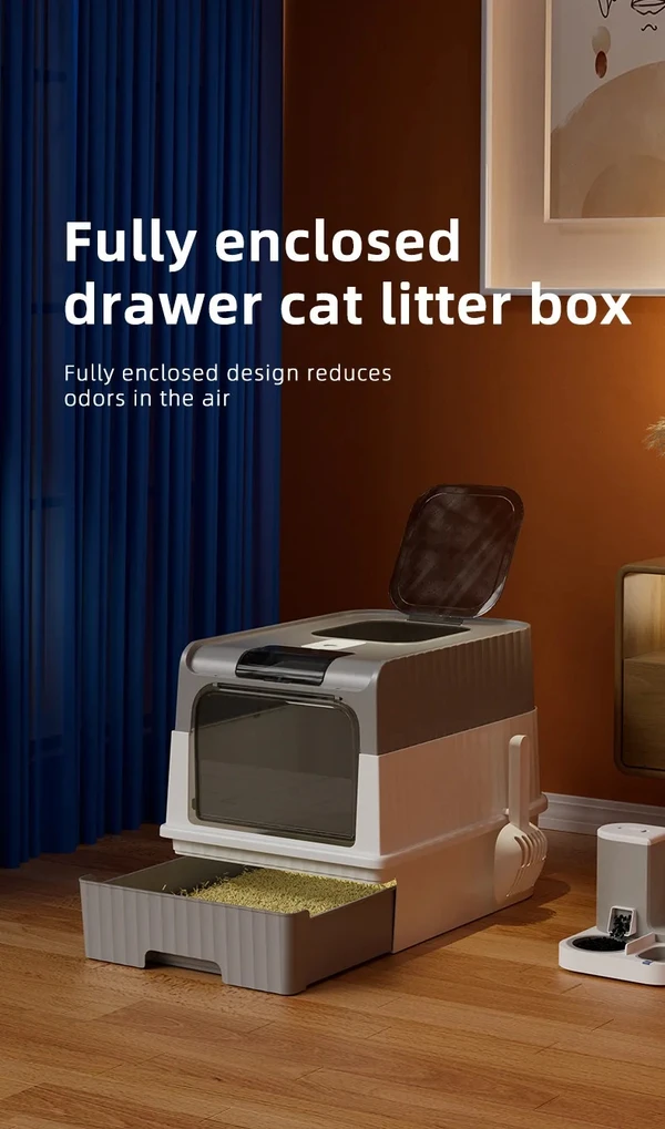 Large Capacity Enclosed Cat Litter Box with Push Pull Drawer Design & Shovel (Grey)