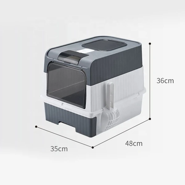Large Capacity Enclosed Cat Litter Box with Push Pull Drawer Design & Shovel (Grey)