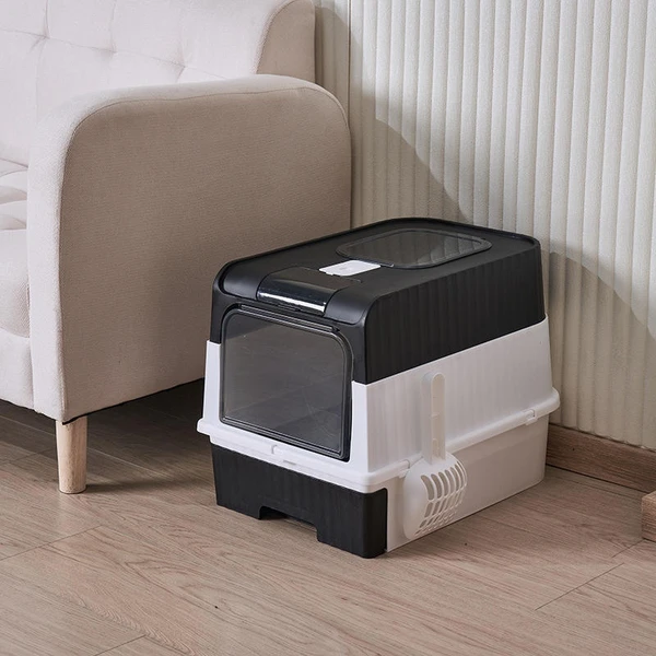 Large Capacity Enclosed Cat Litter Box with Push Pull Drawer Design & Shovel (Grey)