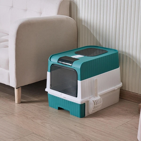 Large Capacity Enclosed Cat Litter Box with Push Pull Drawer Design & Shovel (Grey)