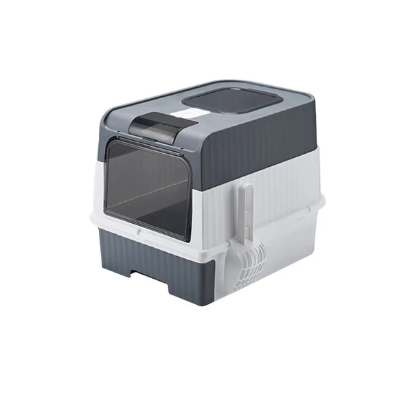 Large Capacity Enclosed Cat Litter Box with Push Pull Drawer Design & Shovel (Grey)