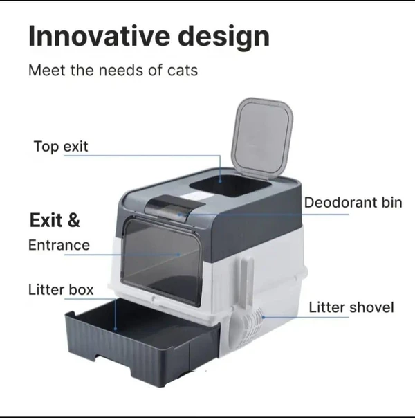 Large Capacity Enclosed Cat Litter Box with Push Pull Drawer Design & Shovel (Grey)