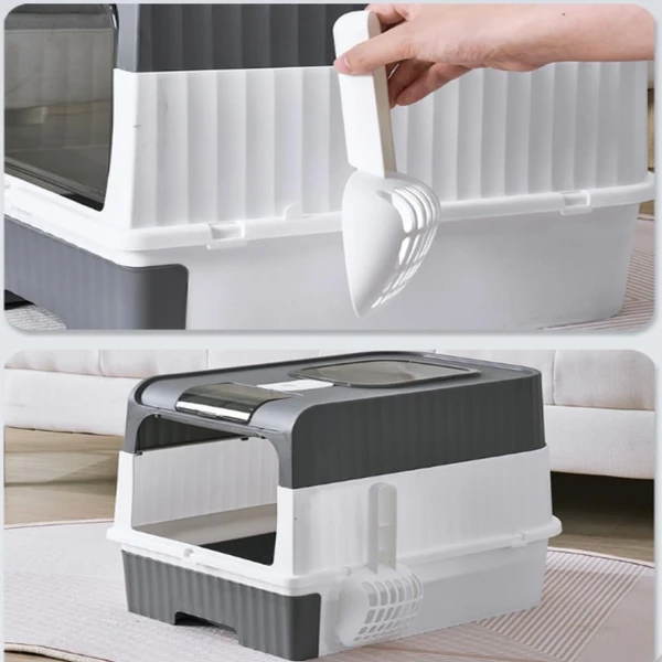 Large Capacity Enclosed Cat Litter Box with Push Pull Drawer Design & Shovel (Grey)