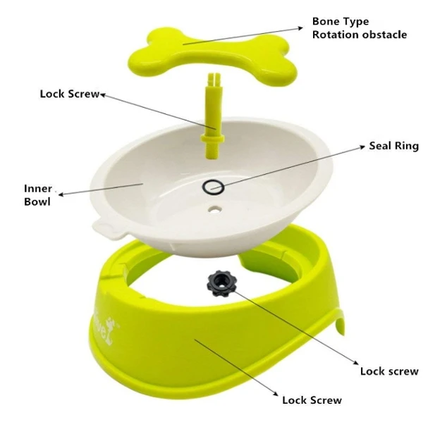 Interactive Slow Feeding Dog Bowl with Bone Shape Rotating Hinder