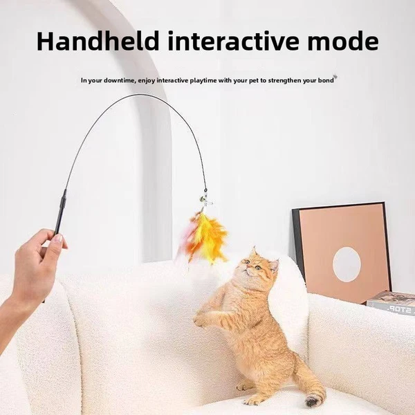 Interactive Cat Teaser Toy – Retractable Wire Wand with Suction Cup Base, Colorful Feather & Bell
