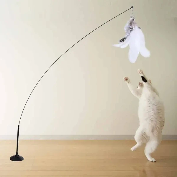 Interactive Cat Teaser Toy – Retractable Wire Wand with Suction Cup Base, Colorful Feather & Bell