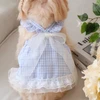 Blue Plaid Princess Dog Dress with Lace & Bow – Elegant Outfit for Small Dogs (Size: Medium)