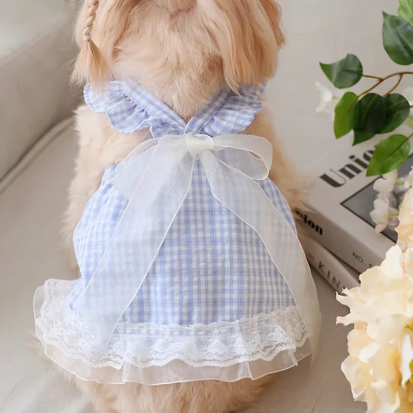 Blue Plaid Princess Dog Dress with Lace & Bow – Elegant Outfit for Small Dogs (Size: Medium)