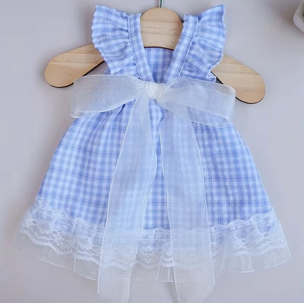 Blue Plaid Princess Dog Dress with Lace & Bow – Elegant Outfit for Small Dogs (Size: Medium)
