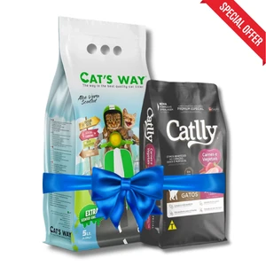 Catlly Premium Adult Cat Food 1Kg & Cat's Way Clumping Cat Litter with Aloe Vera 5L