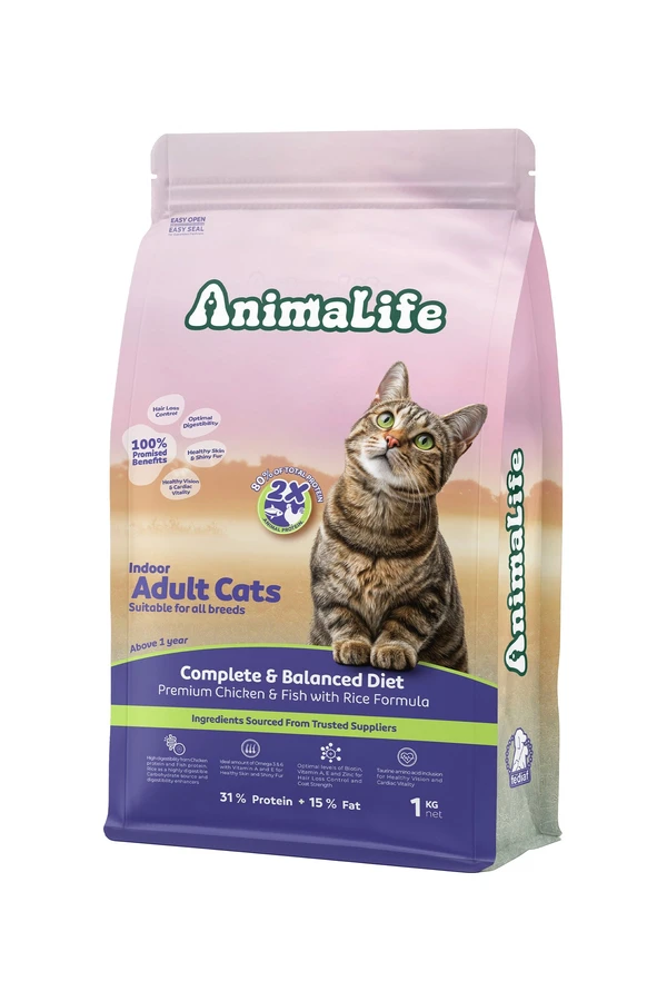 AnimaLife Indoor Adult Cats Dry Food All Breeds with Chicken & Fish & Rice 1Kg