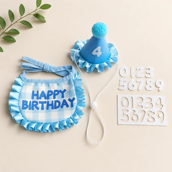 Pet Birthday Bib & Party Hat Set with Interchangeable Number Stickers – Adjustable Birthday Outfit for Small Dogs & Cats