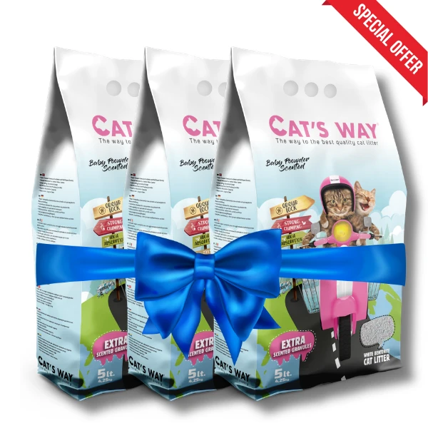 3 X Cat’s Way White Bentonite Clumping Cat Litter Baby Powder Scented 5L