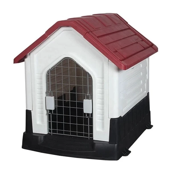 Breathable Detachable Outdoor Plastic Dog House with Elevated Floor & Metal Door for Small Dogs (70x58x66h) - Red
