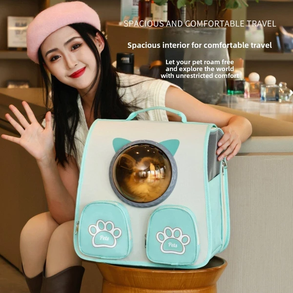 Breathable Pet Travel Backpack Bag with Bubble Window and Storage Pockets with Cute Paw Print for Cats & Small Dogs