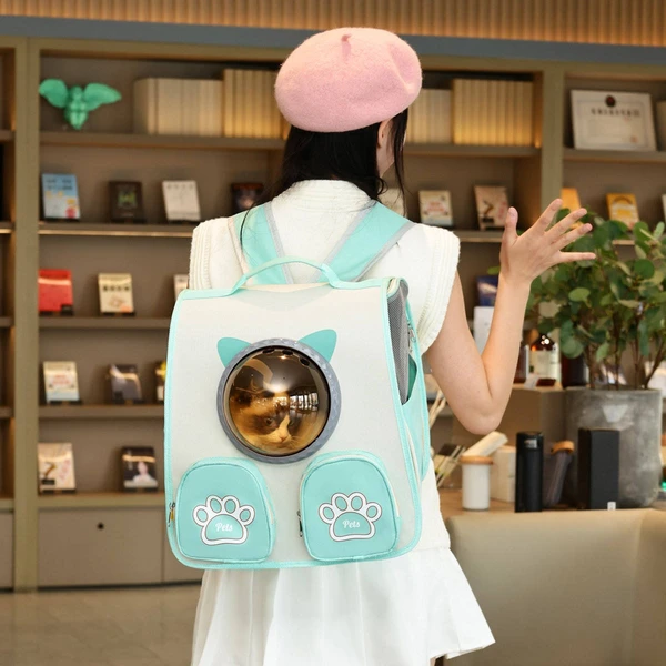 Breathable Pet Travel Backpack Bag with Bubble Window and Storage Pockets with Cute Paw Print for Cats & Small Dogs