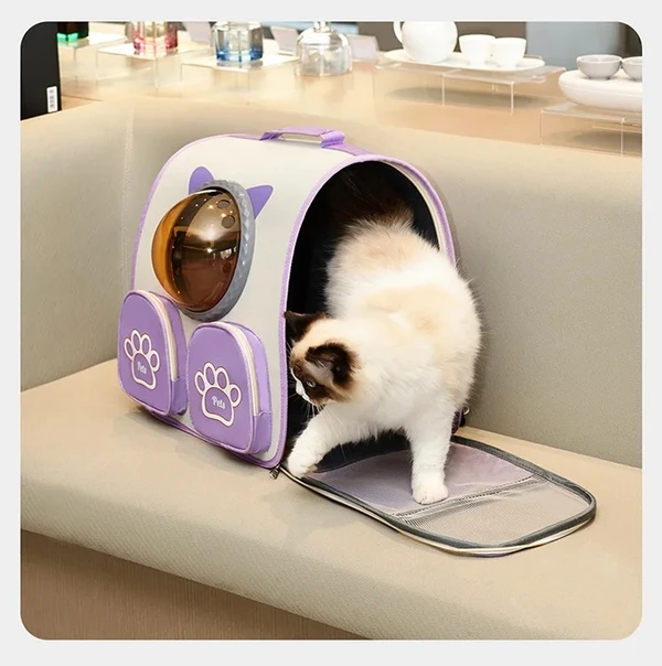 Breathable Pet Travel Backpack Bag with Bubble Window and Storage Pockets with Cute Paw Print for Cats & Small Dogs
