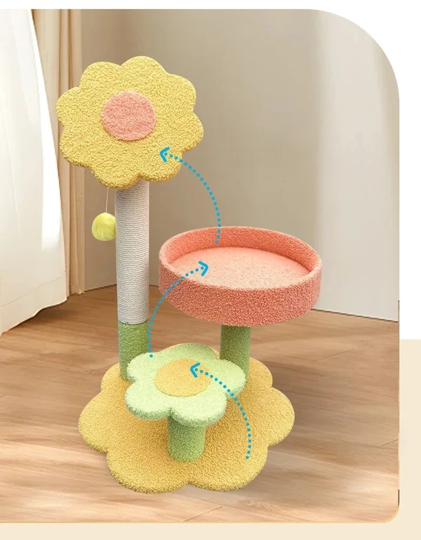 Sunflower Cat Tree with Velvet Bed, Scratching Post & Interactive Plush Ball Cat Toy