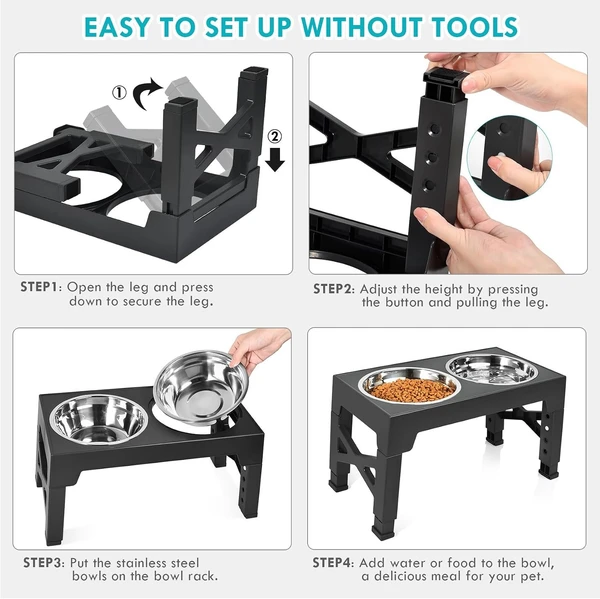 5 Adjustable Heights Elevated Foldable ABS Stand with Double Stainless Steel Bowls Food & Water Dog Feeder