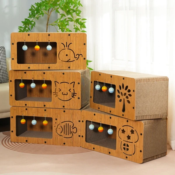 3-in-1 Modern Cat Corrugated Paper & Wood Scratcher House – Scratch, Rest and Playing with Interactive 3 Bell Balls