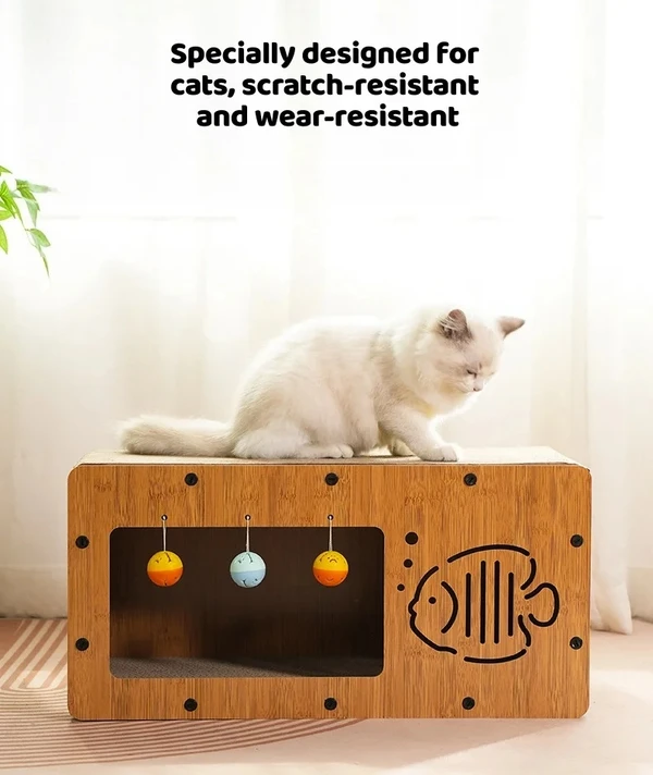 3-in-1 Modern Cat Corrugated Paper & Wood Scratcher House – Scratch, Rest and Playing with Interactive 3 Bell Balls