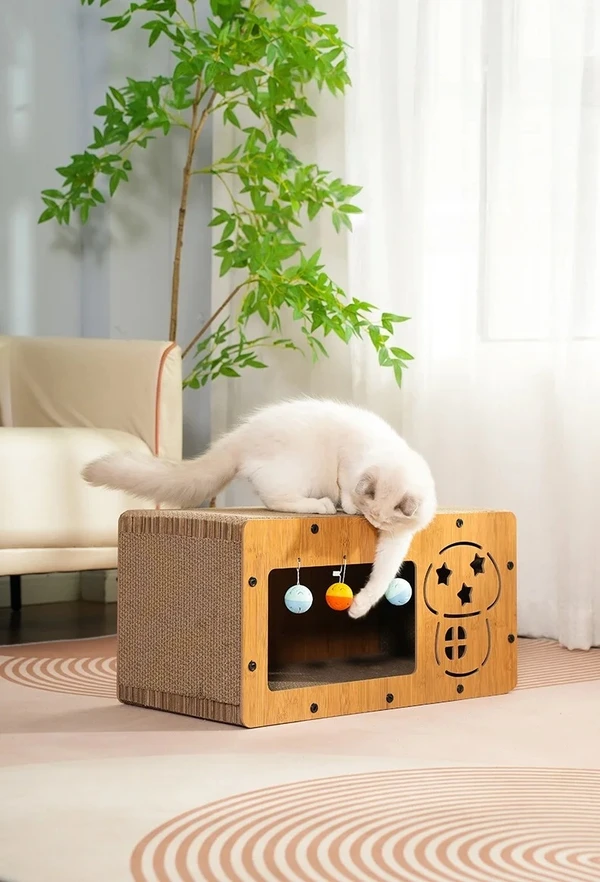 3-in-1 Modern Cat Corrugated Paper & Wood Scratcher House – Scratch, Rest and Playing with Interactive 3 Bell Balls