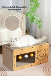 3-in-1 Modern Cat Corrugated Paper & Wood Scratcher House – Scratch, Rest and Playing with Interactive 3 Bell Balls