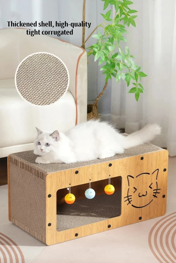 3-in-1 Modern Cat Corrugated Paper & Wood Scratcher House – Scratch, Rest and Playing with Interactive 3 Bell Balls