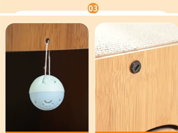 3-in-1 Modern Cat Corrugated Paper & Wood Scratcher House – Scratch, Rest and Playing with Interactive 3 Bell Balls