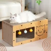 3-in-1 Modern Cat Corrugated Paper & Wood Scratcher House – Scratch, Rest and Playing with Interactive 3 Bell Balls