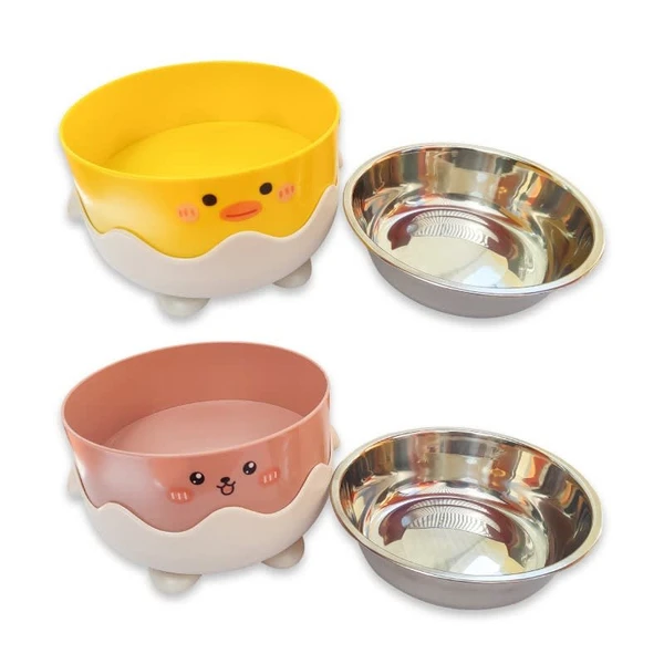 Cute Cartoon Pet Feeding Bowl with Removable Stainless Steel Inner Bowl and Anti-Slip Elevated Base for Cats & Small Dogs