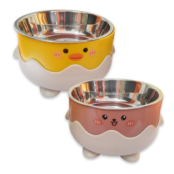 Cute Cartoon Pet Feeding Bowl with Removable Stainless Steel Inner Bowl and Anti-Slip Elevated Base for Cats & Small Dogs