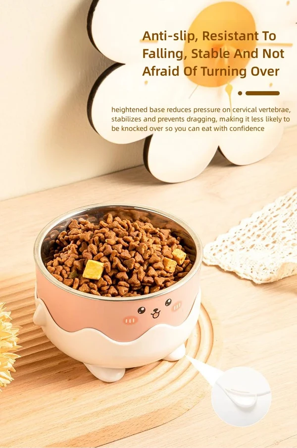 Cute Cartoon Pet Feeding Bowl with Removable Stainless Steel Inner Bowl and Anti-Slip Elevated Base for Cats & Small Dogs