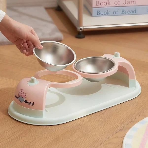 Hanging Double Stainless Steel Pet Bowls with Anti-Slip Base – Detachable Elevated Food and Water Feeding for Cats & Small Dogs