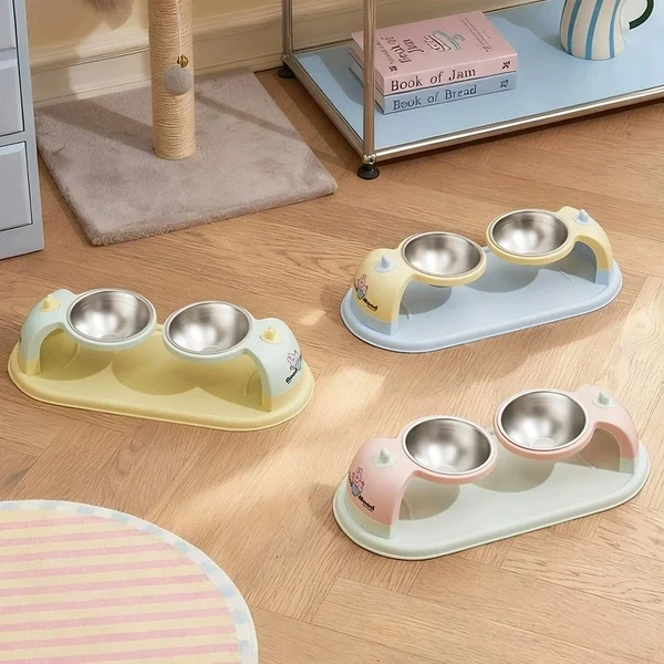 Hanging Double Stainless Steel Pet Bowls with Anti-Slip Base – Detachable Elevated Food and Water Feeding for Cats & Small Dogs